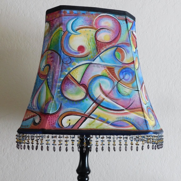 Large Hand Painted 360 Degrees Abstract Beaded Lg Square Lampshade - Picture 3 of 10
